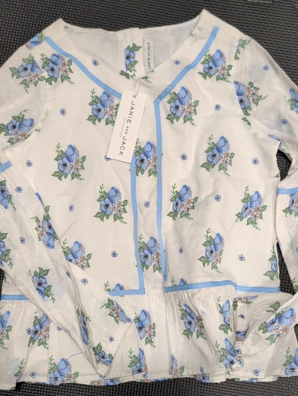 Janie and Jack White Floral Kids Pajama Top with Blue Trim